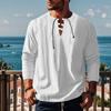 Autumn Long-Sleeved Loose-Fit Tie-Front V-Neck Men's Solid-Colour Cotton-Linen Beach Shirt