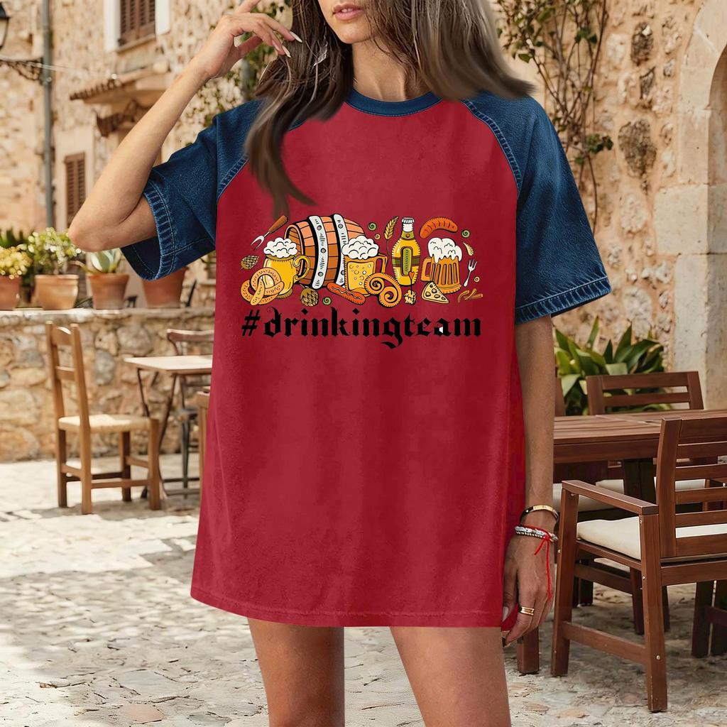Casual Women Denim Patchwork Oktoberfest Graphic Print Short Sleeve T Shirt Comfortable Loose Fit Summer Top