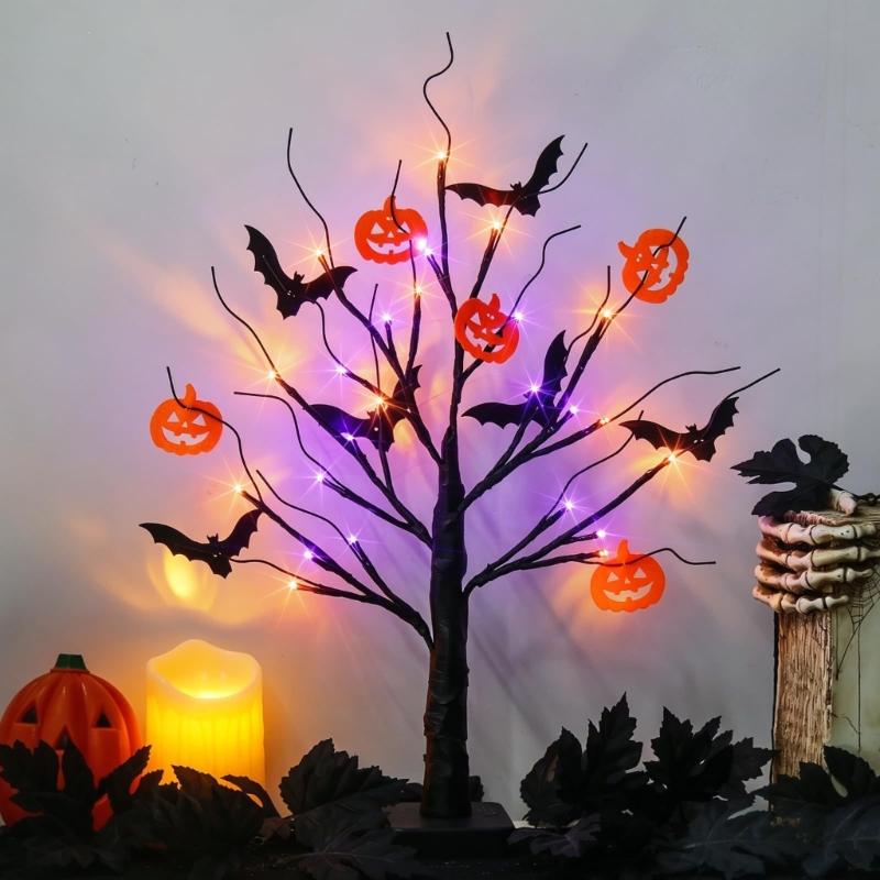 Halloween Tree with Light Home Decors Halloween Table Display Decoration, Lighted Black Tree with Bat Forms and Pumpkin Figures for Indoor Seasonal