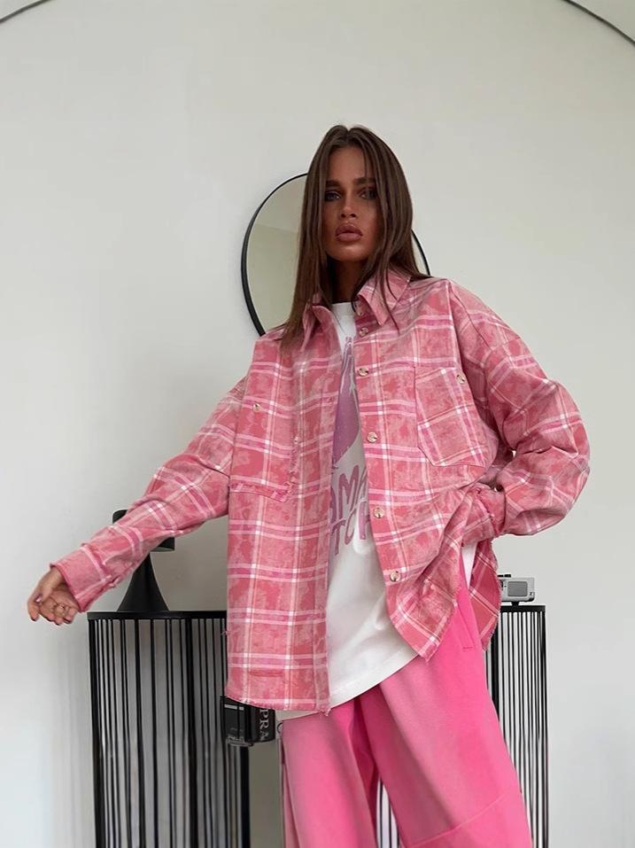 Karomuster Hemd 2026 Frühling Sommer Neu Retro Kariert Knopfleiste Oversized Shacket Rosa Vichy-Karos Hemd Damen Lässiges Oberteil