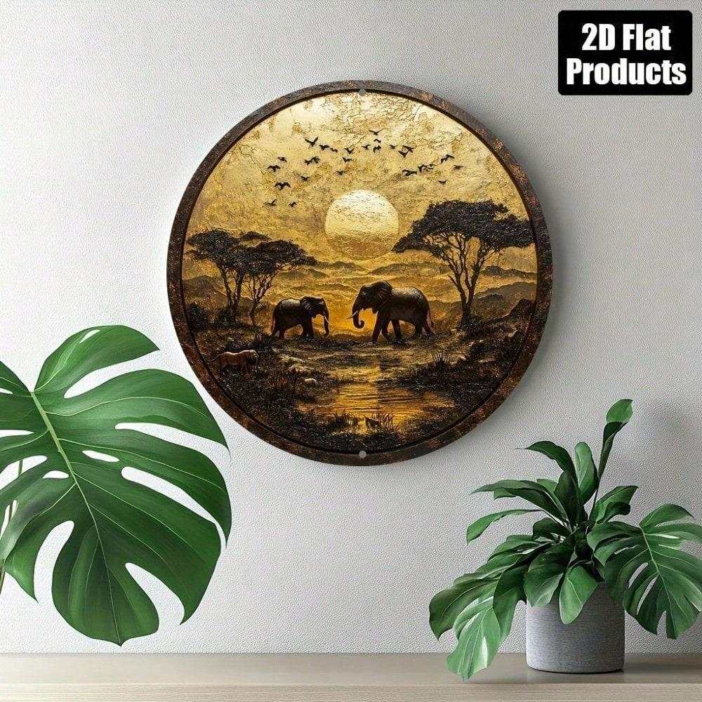 Metal Poster Wall Art African Elephant Sunset Vintage for Living Room