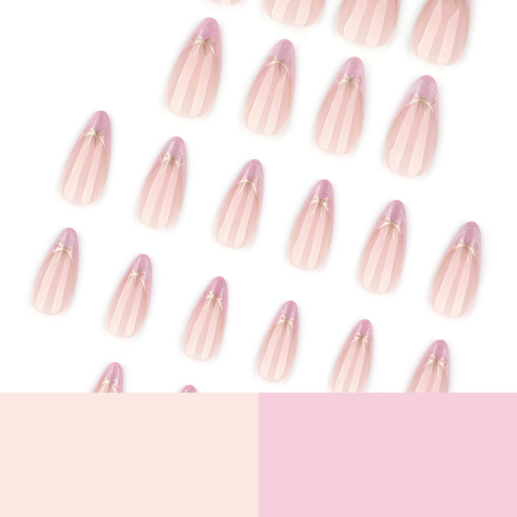 French Pink False Nails 24Pcs Almond Shape With Bowknot Decoration For Wedding Party