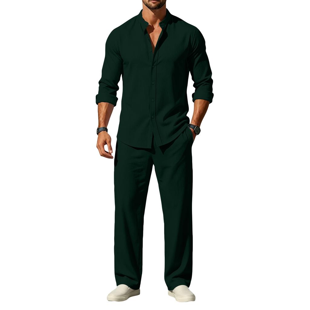 Men's Striped Texture Long Sleeve Shirt and Pants Set for Everyday Wear