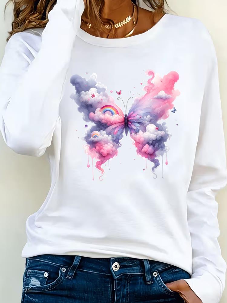 (Asian Size) flower style Clothing Casual  Tee Lady Printed o-neck Long Sleeve T Shirt Women Female Fashion Top Graphic T-shirts