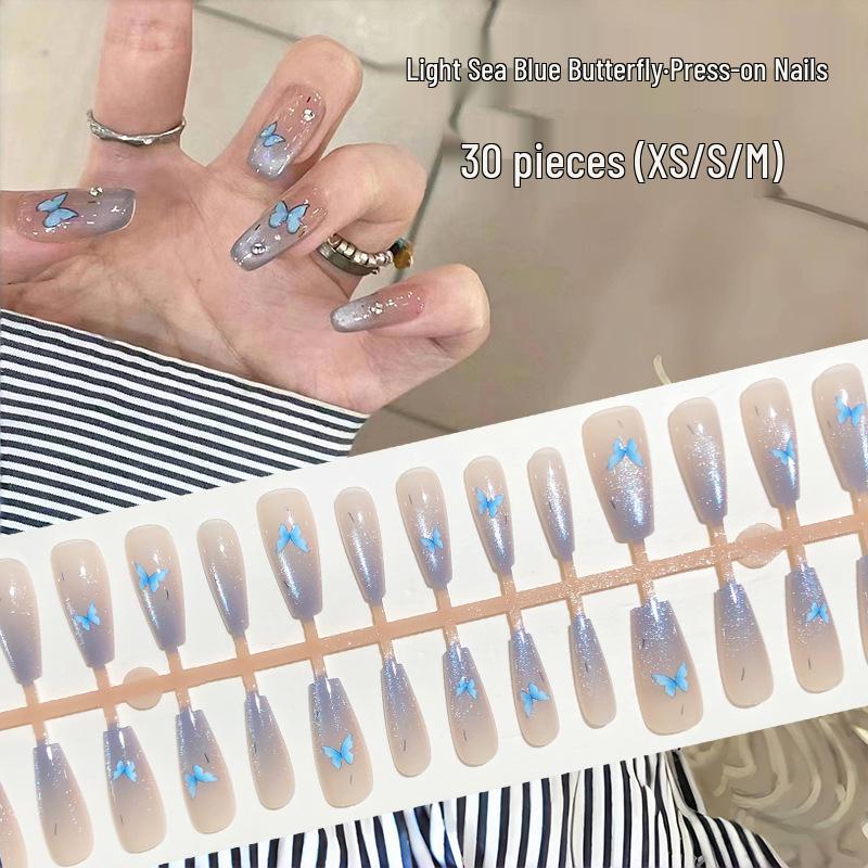 Mint Blue Butterfly Gradient Crystal Cat Eye Press-On Nails