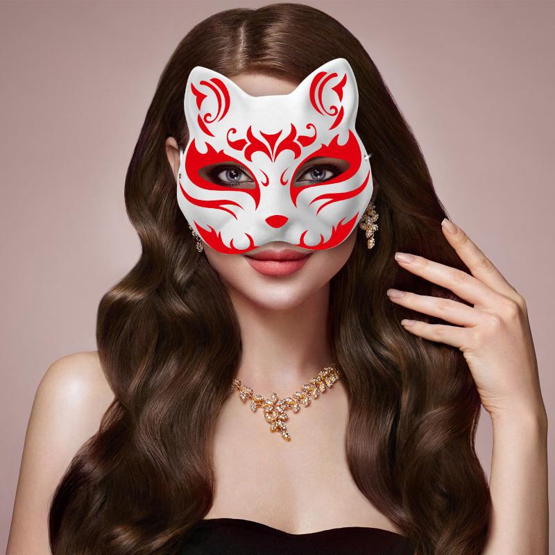 Anime Foxes Mask Japanese Cosplay Rave Håndmalt Anime Demon Slayer Half Face Cat Masks Halloween Dress Up Festival rekvisita
