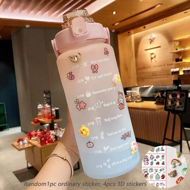 Large Couple Cup with Straw Time Scale Water Bottle Plastic Water Cup Large Student Frosted Outdoor Sports Water Bottles 2L