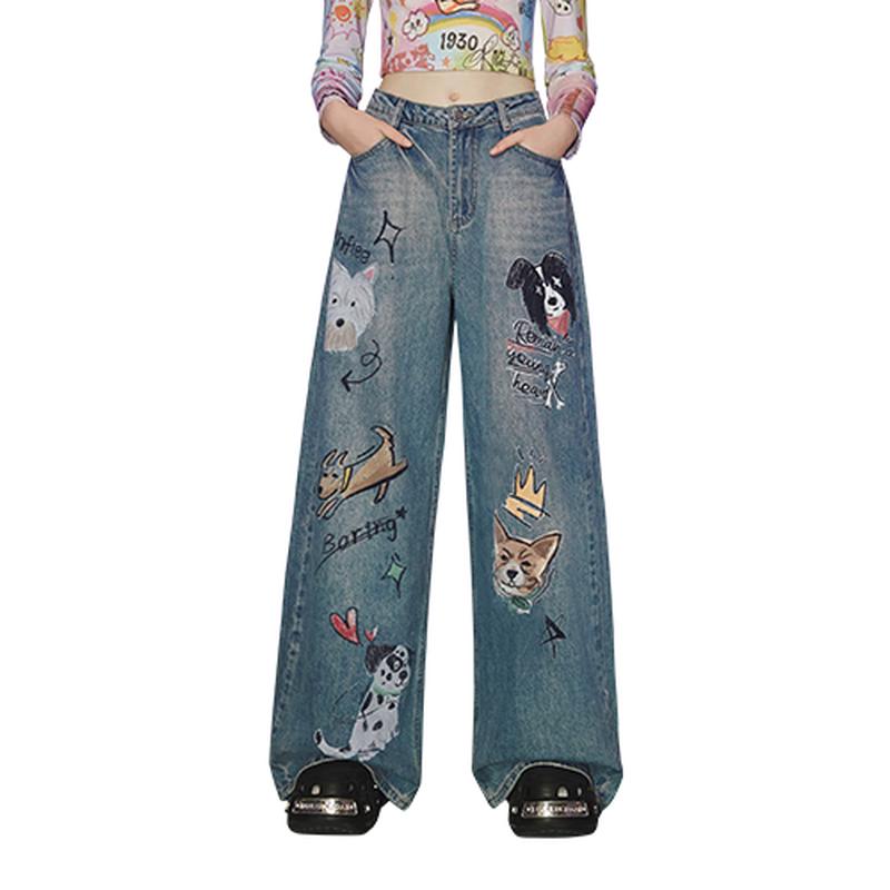 

UNIFREE Celebrity Style Dog Graffiti Wide-Leg Jeans XL