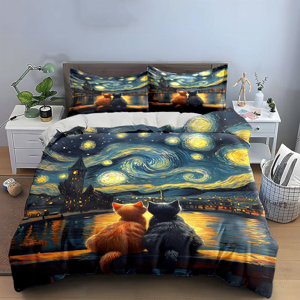 Cats under starry sky. Bedding sets Duvet cover sets Duvet covers Pillowcases(1* Duvet Cover 2* Pillowcases without duvet insert)