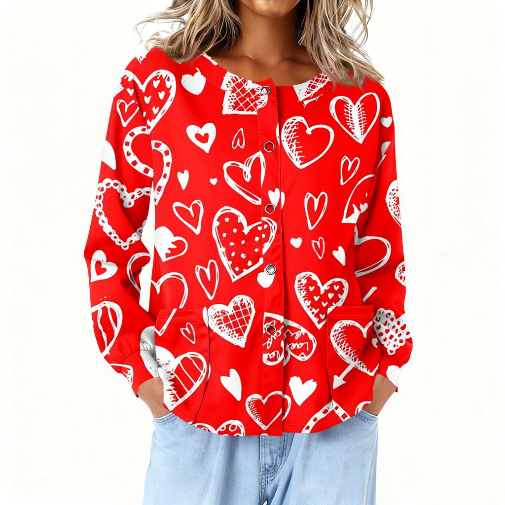 Women Long Sleeve Printed Pocket Working Stand Collar Single-breasted Protective Overalls Cardigan Jacket Top