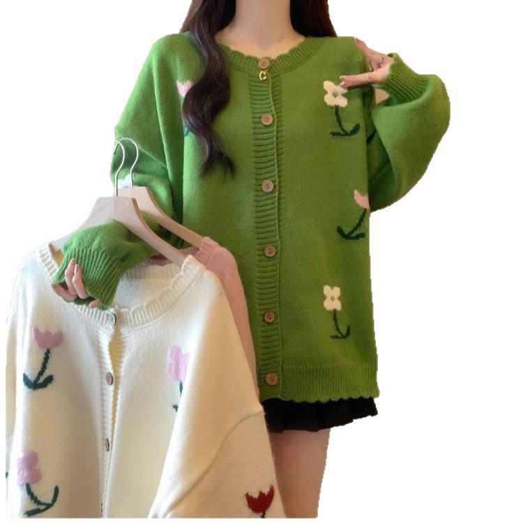 Elegant Korean Style Plus Size Women's Floral Embroidered Sweater Coat Cardigan