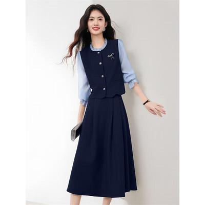 French Style Faux Two-Piece Top & Skirt Set