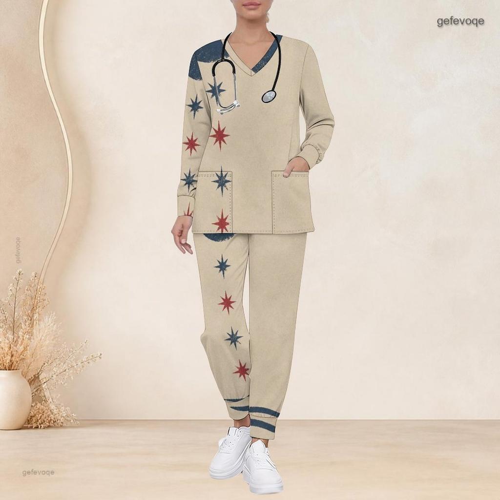 Women Plus Size V Neck Long Sleeve Scrub Set Pink Crystal Diamond Heart Glitter Print Nurse Uniform Set