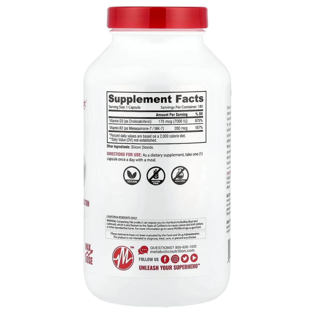 Metabolic Nutrition Vitamin D3 + K2, 180 Capsules