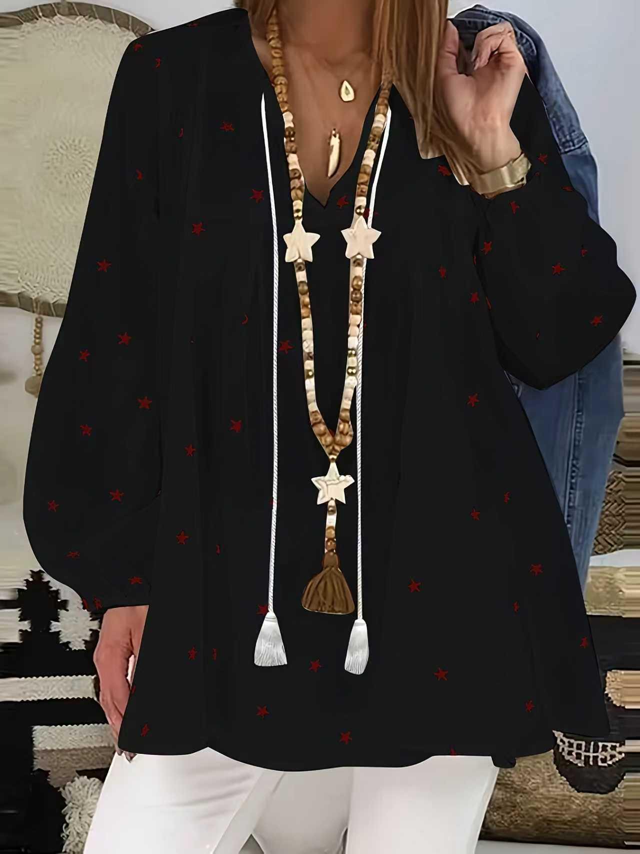 

Autumn 2025 Star Print V-Neck Batwing Sleeve Casual Pullover 2XL