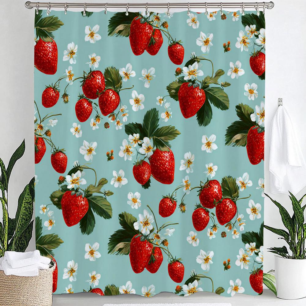 1Pc Plant Cherry Strawberry Lemon Shower Curtain, Bathroom Decorative Shower Curtain, Waterproof Shower Curtain With Hooks