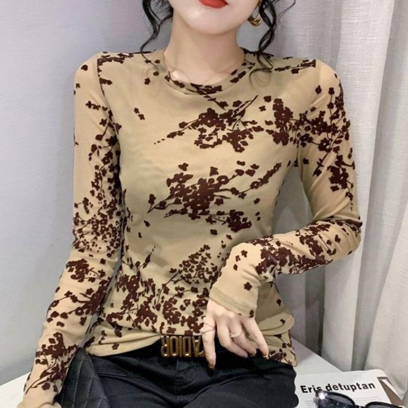 

Женская одежда больших размеров Весна Осень Пуловер с круглым вырезом Длинный рукав Футболка с принтом растений и цветов Повседневный Винтажный Удобный Офисный леди Топы 8xl