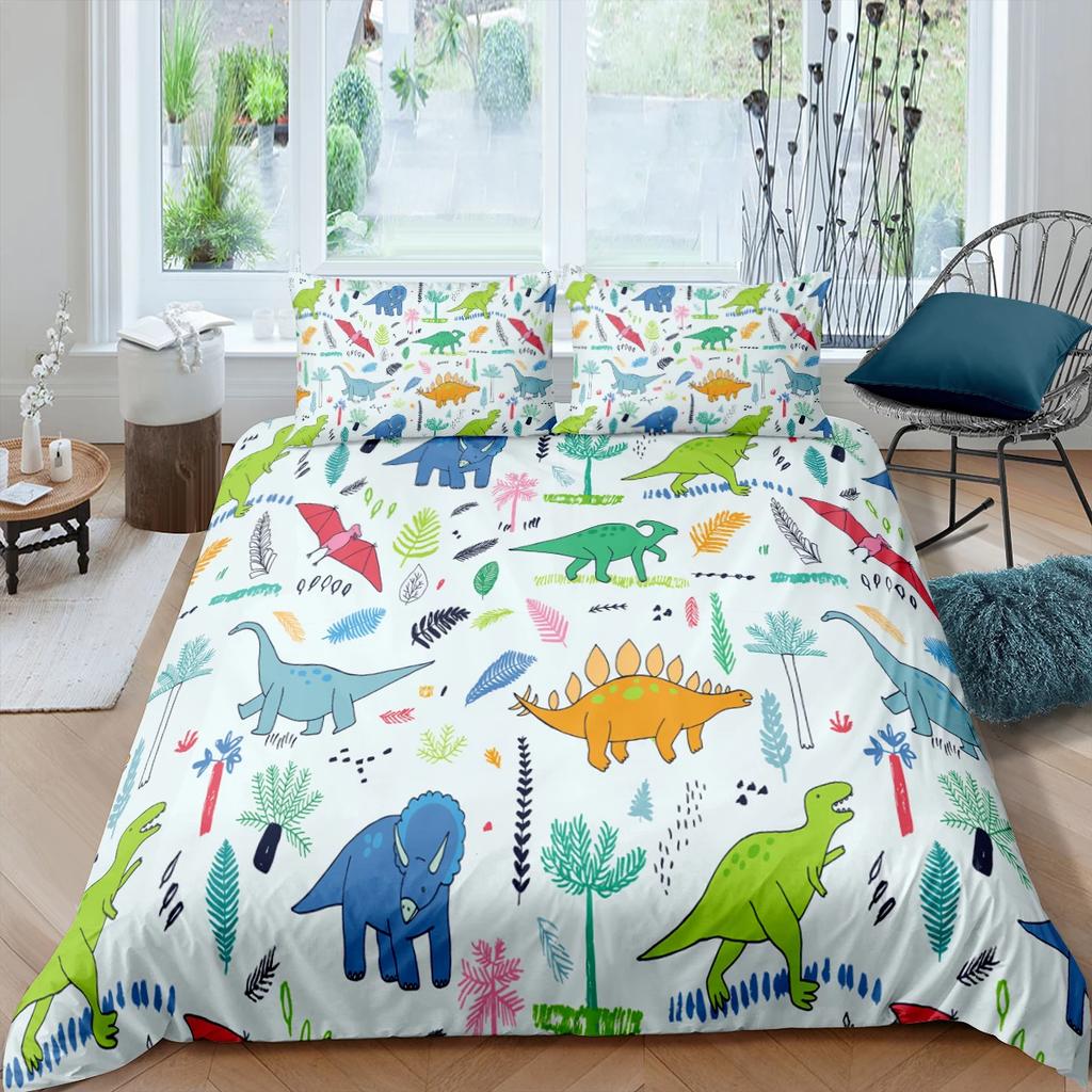 Carton Dinosaur Soft Duvet Cover King Quen Children Kids Jurasic World Stegosaurus Tyranosaurus Beding Set 2/3pcs Polyester Comfortable Quilt Cover