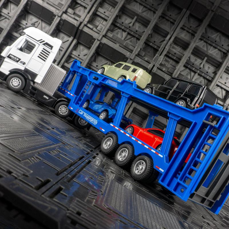 Simulation Engineering Road Double-deck Transport Truck Alloy Model Car Trailer With 4 Cars