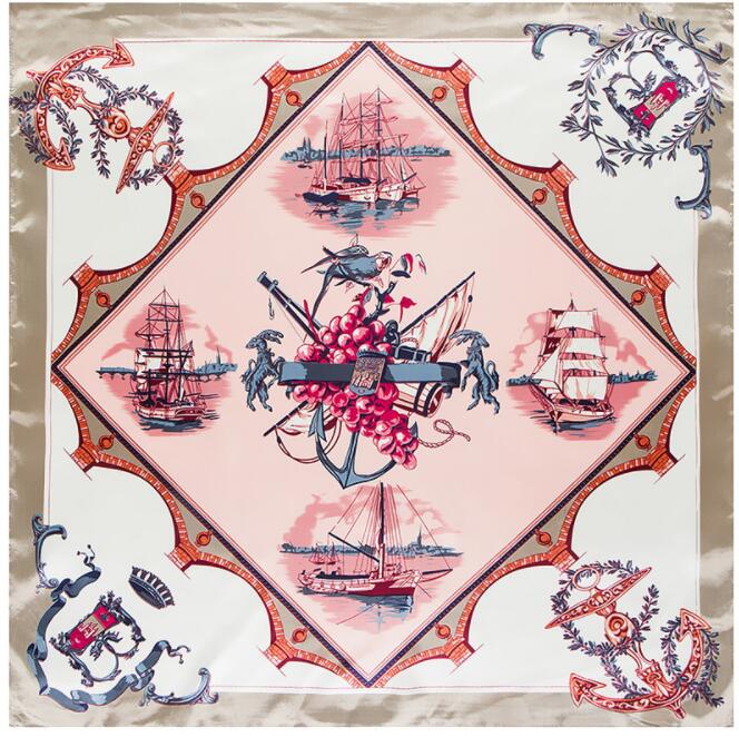 90*90cm Luxury Brand Women Silk Scarfs Sailing Boat Design Square Scarves Spring Summer Shawls For Ladies