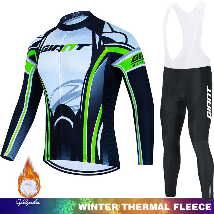 Retro Radtrikot Winter Fleece GIANT Fahrradkleidung Thermosuit Mann Herren Träger Sportbekleidung Set Outfit Termal Rennrad Räder