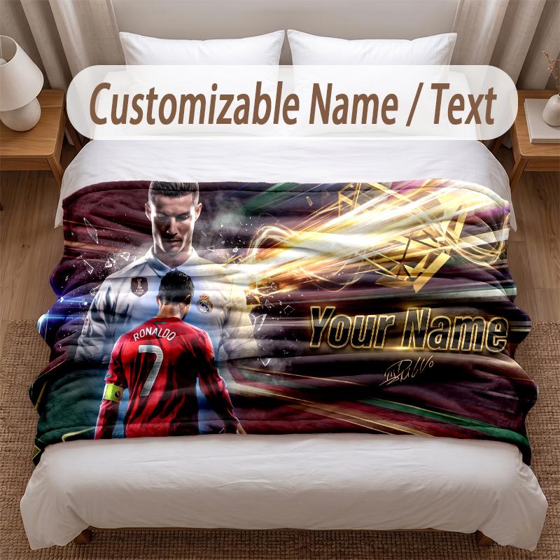 Cristiano Ronaldo Printed Flannel Blanket Custom Name Text Soft Warm Throw For Bedroom Holiday Gift