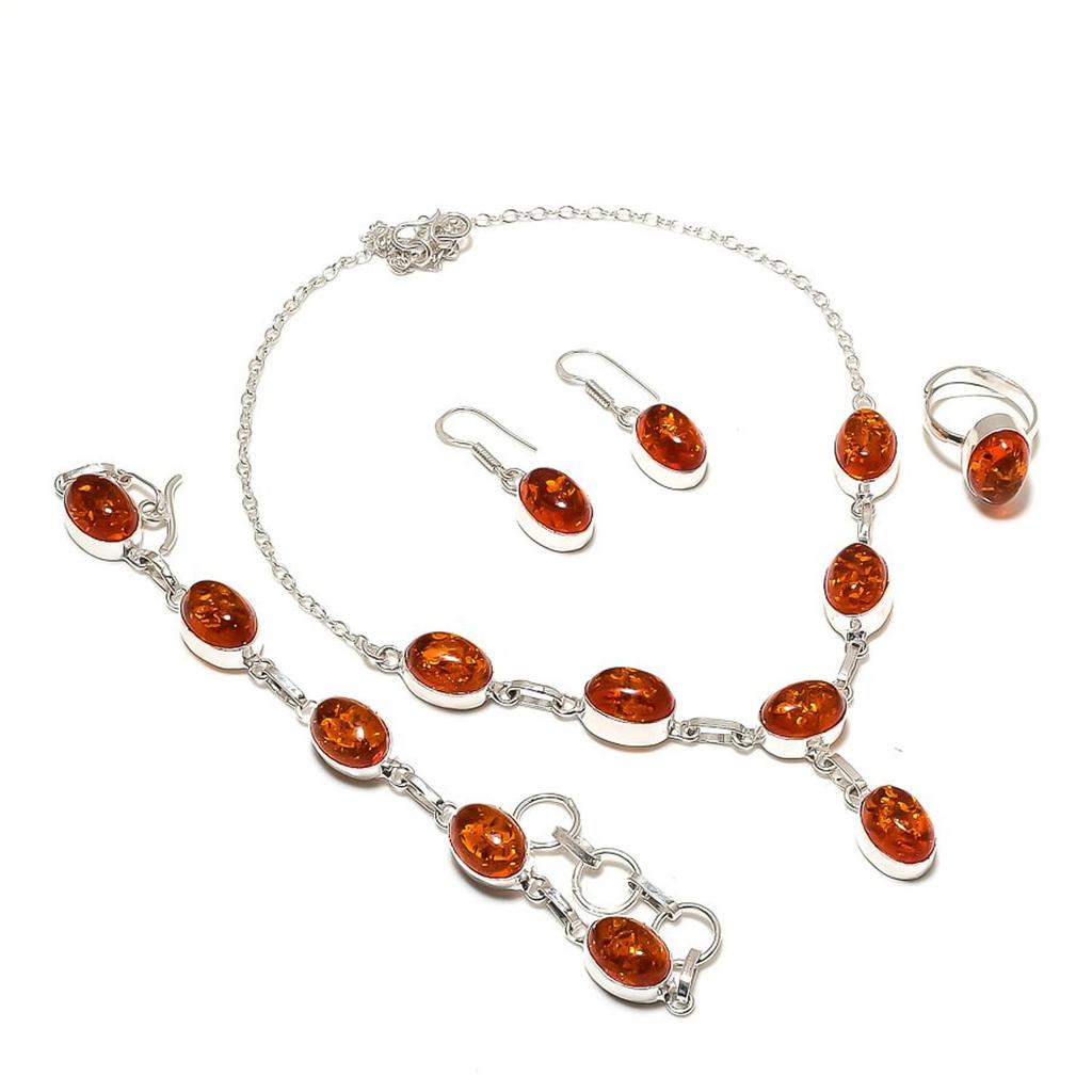 Baltic Amber Oval Shape Gemstone Jewelry Set Gift Necklace Bracelet Ring Earring