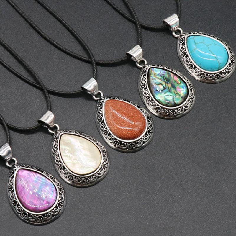 Natural Crystal Agate Water Drop Pendant Semi-Precious Stone Gem Inlaid Alloy Abalone Shell Necklace Crystal Crafts