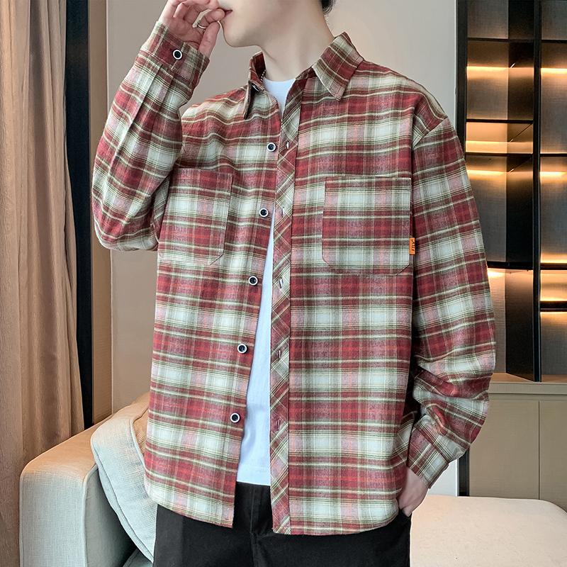 Spring and Autumn New Men's Sweatshirt Casual Versatile Youth Handsome Cardigan Plaid Long Sleeve Shirt