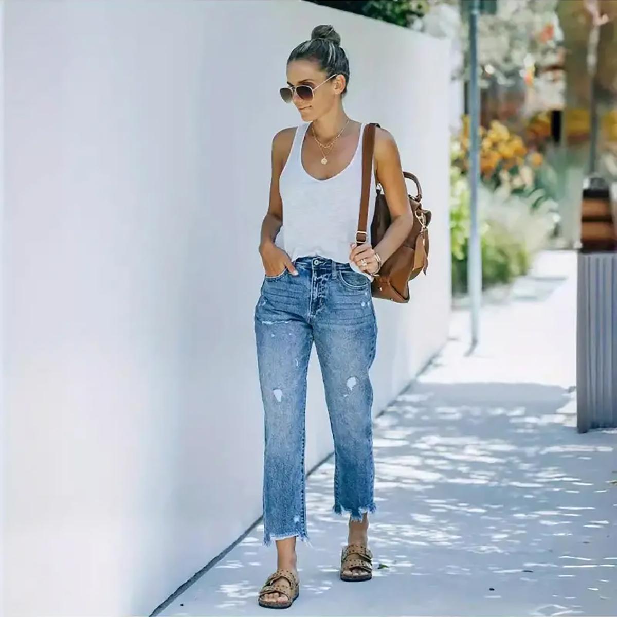 Damen neue heiß verkaufte mittelhohe gerade Hose gewaschene lässige zerrissene Jeans L blau