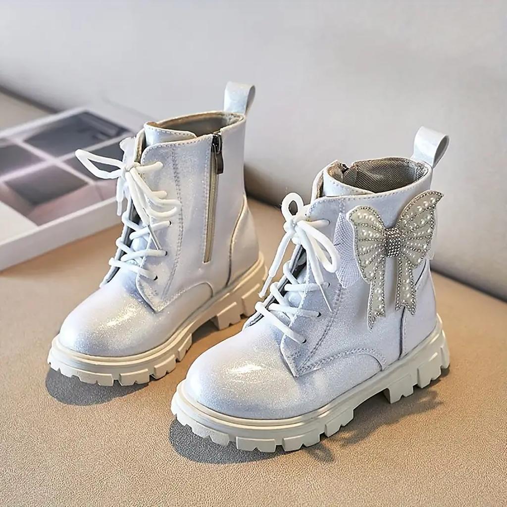 Girls Ankle Boots Black Glitter PU Waterproof Butterfly Pearls Chic Kids Fashion Princess Boots Children Tie Bow Platform Boots