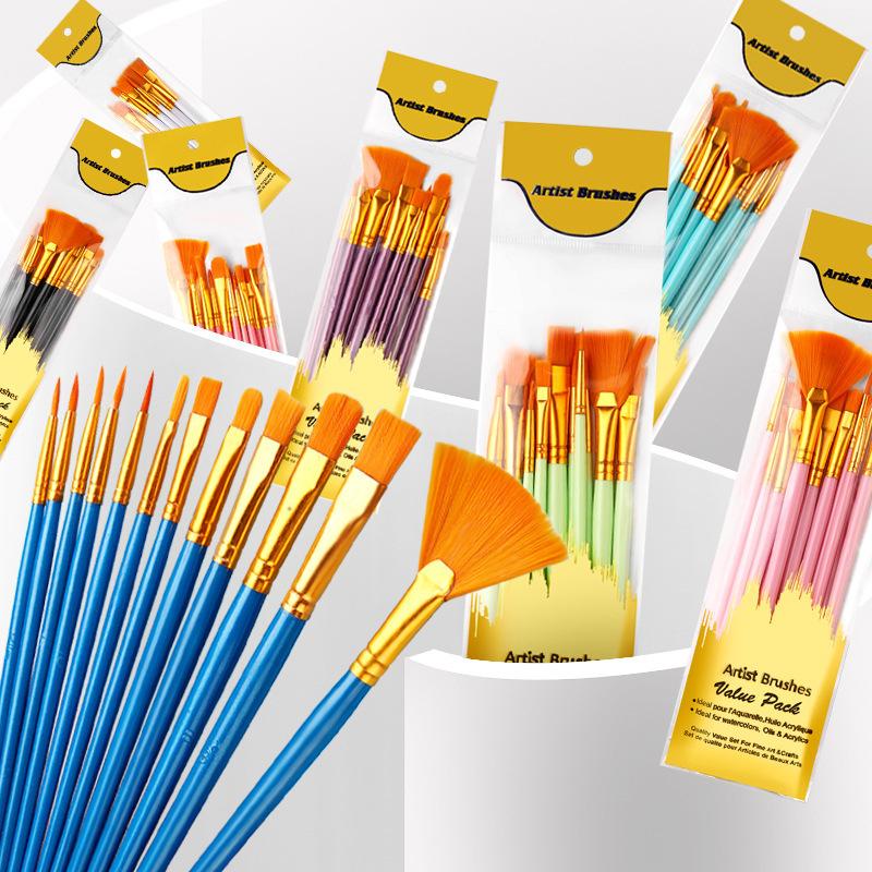 New 12Pcs Nylon Bristle Brush Set Flat Brushes Watercolor Oil Paint For Artists Amateur And Acrylic Paintings Fabric Brushes