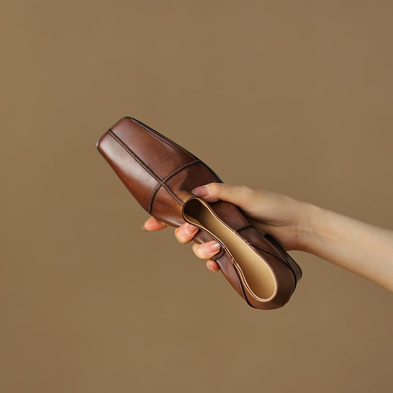 Fashion Women's New Spring and Autumn Square Head Vintage Genuine Leather Cowhide Comfortable High Heel Deep Mouth Oxford Single Shoes