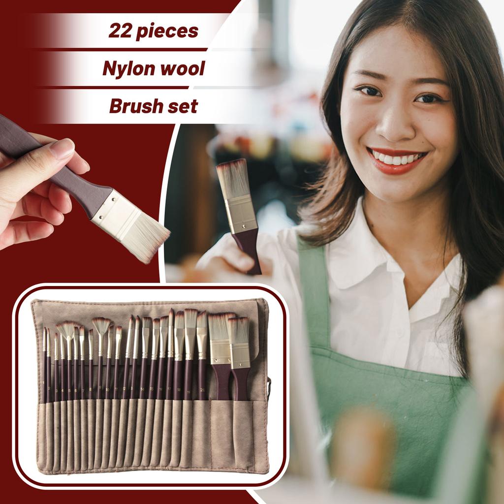 22-piece Nylon Bristle Paint Brush Set For Oil And Watercolor Painting, Brushes With A Fabric Case.