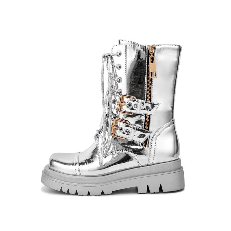 Fashion Silver Belt Buckle Cross Strap Rhinestone Short Boots Casual Motorcycle Thick Sole Knight Boots Women Winter Silver  Boots