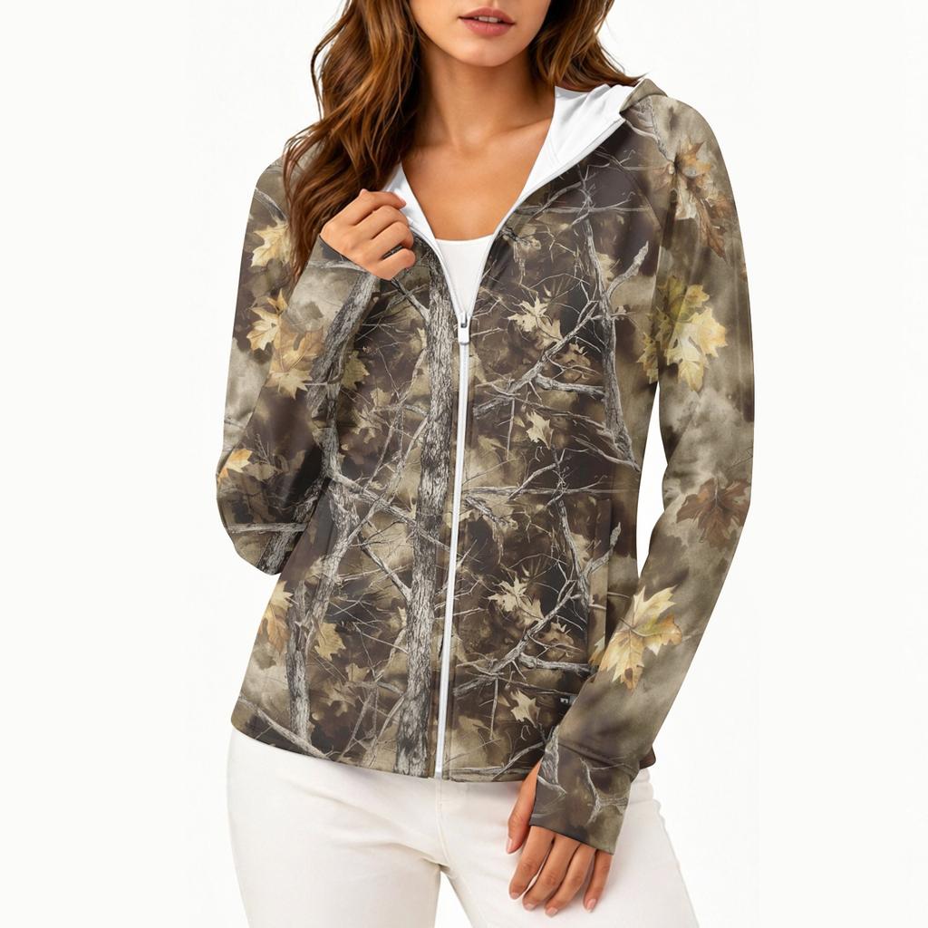 Women's Lightweight Zip-Up Hooded Jacket with Long Sleeves Pockets and Camouflage Print Sun Protection Outerwear