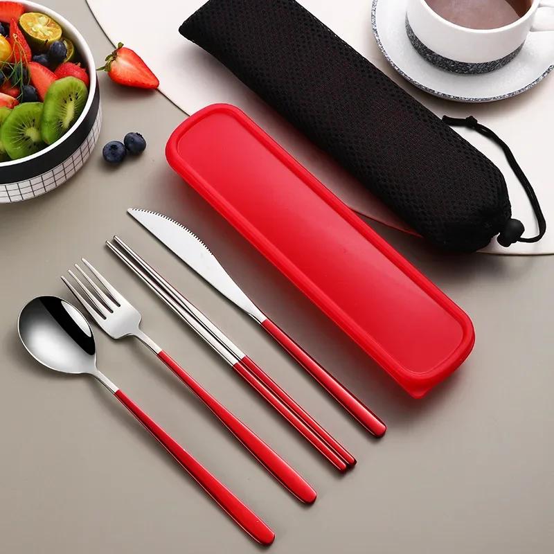Tableware Set 304 Stainless Steel Portable Cutlery Dinner Knife Fork Spoon Chopsticks Four-piece Suit with Box Travel Flatware