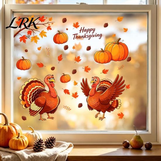 Autumn Harvest Celebration Decor Thanksgiving Static Window Clings, Cartoon Double Turkey Pumpkin Maple Leaf No?Glue Flexible Cuttable Clings Glass