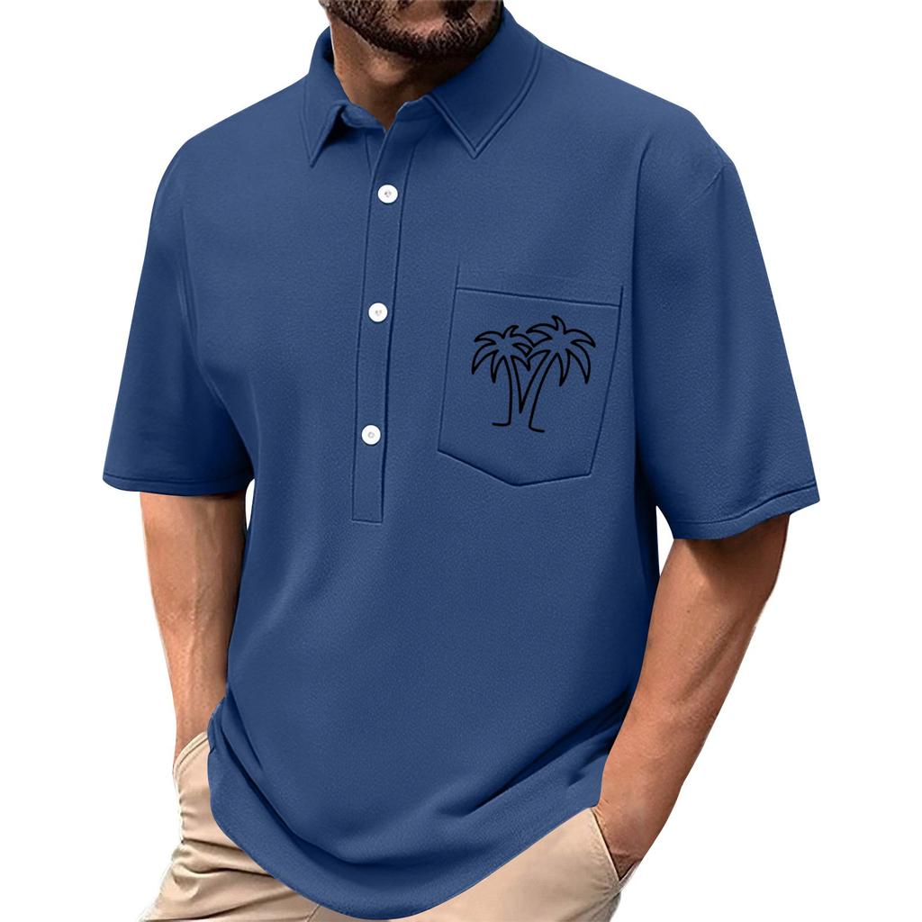 Men's Summer Solid Color Print Four-sided Stretch Lapel Button Pocket Shirt Casual Sports Short-sleeved Top