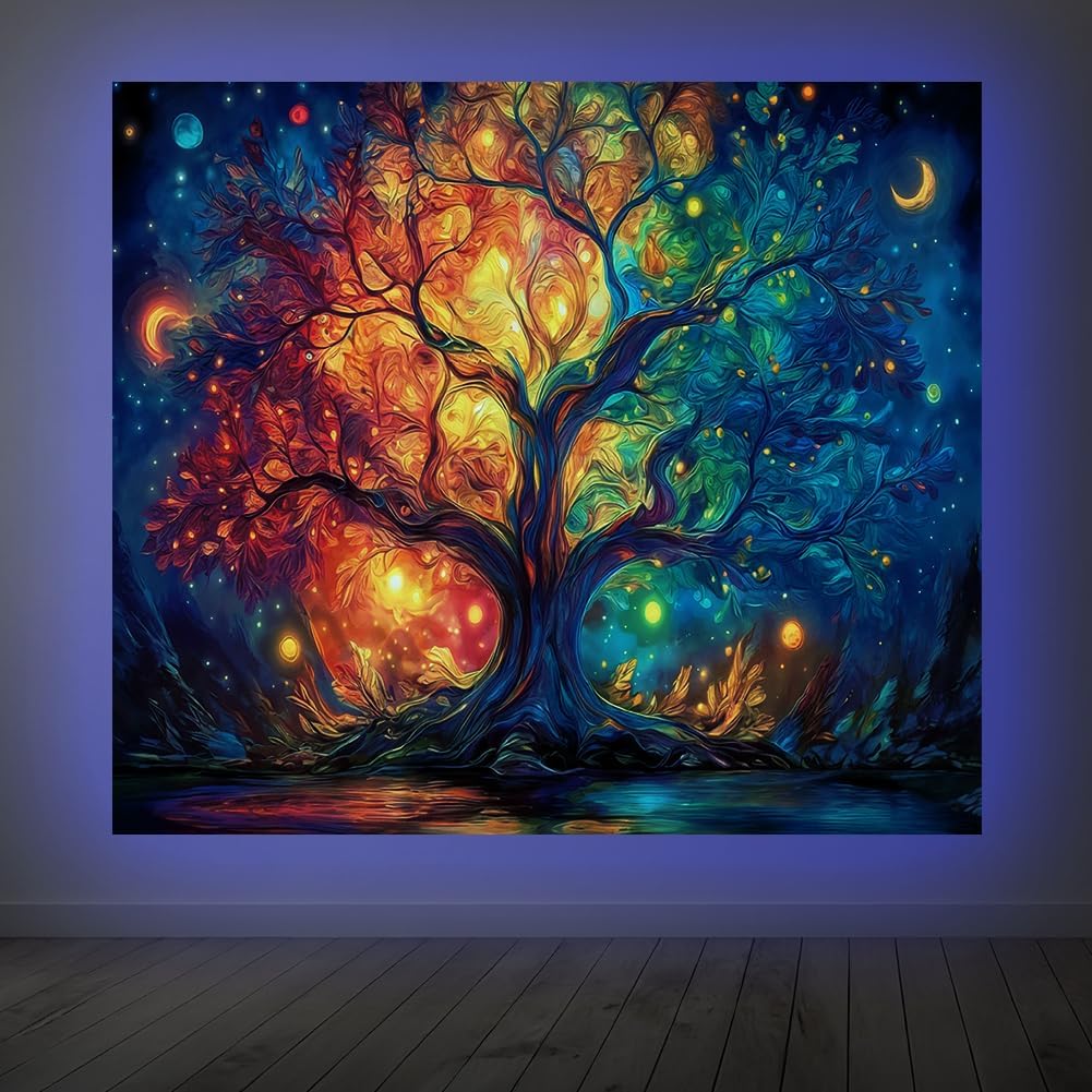 Mystic Tree of Life Tapestry, Boho Colorful Galaxy Moon Print Large Wall Hanging for Bedroom Living Room Aesthetic Decor
