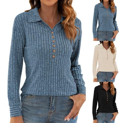 Suéter Leve Feminino Manga Longa Outono Inverno Túnicas Tops com Gola Abotoada