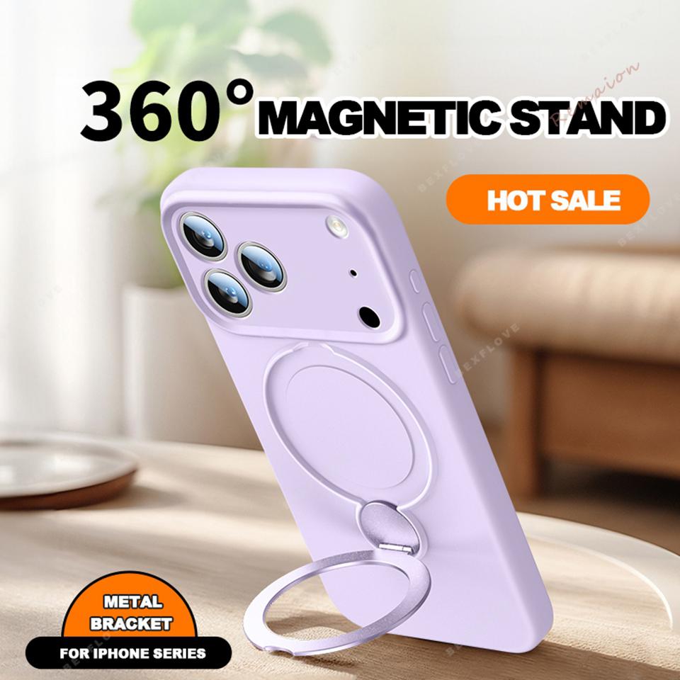Liquid Silicone Magnetic Bracket Phone Case For iPhone 17 13 14 15 16 Pro Max Air Plus Magsafe Stand Holder Protector Cover