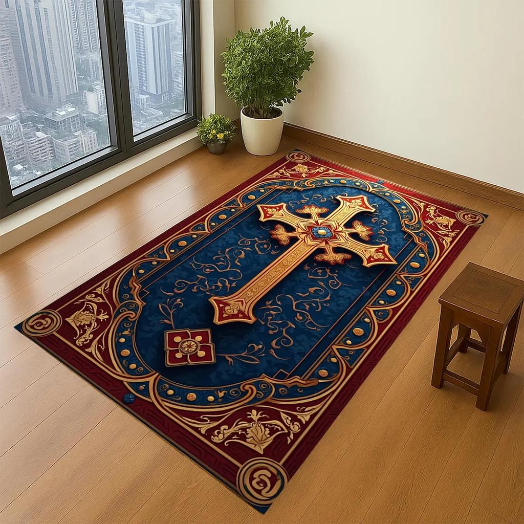 Christian Prayer Rug Non-slip Celtic Cross Print Floor Mat Catholic Religious Meditation Carpet Vintage Church Home Decor