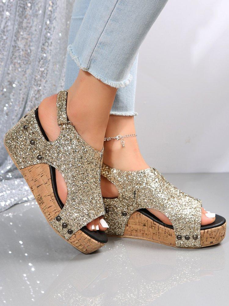Roman Sandals Women Sequins Flat Slope Heel Thick Bottom Sandals Ladies
