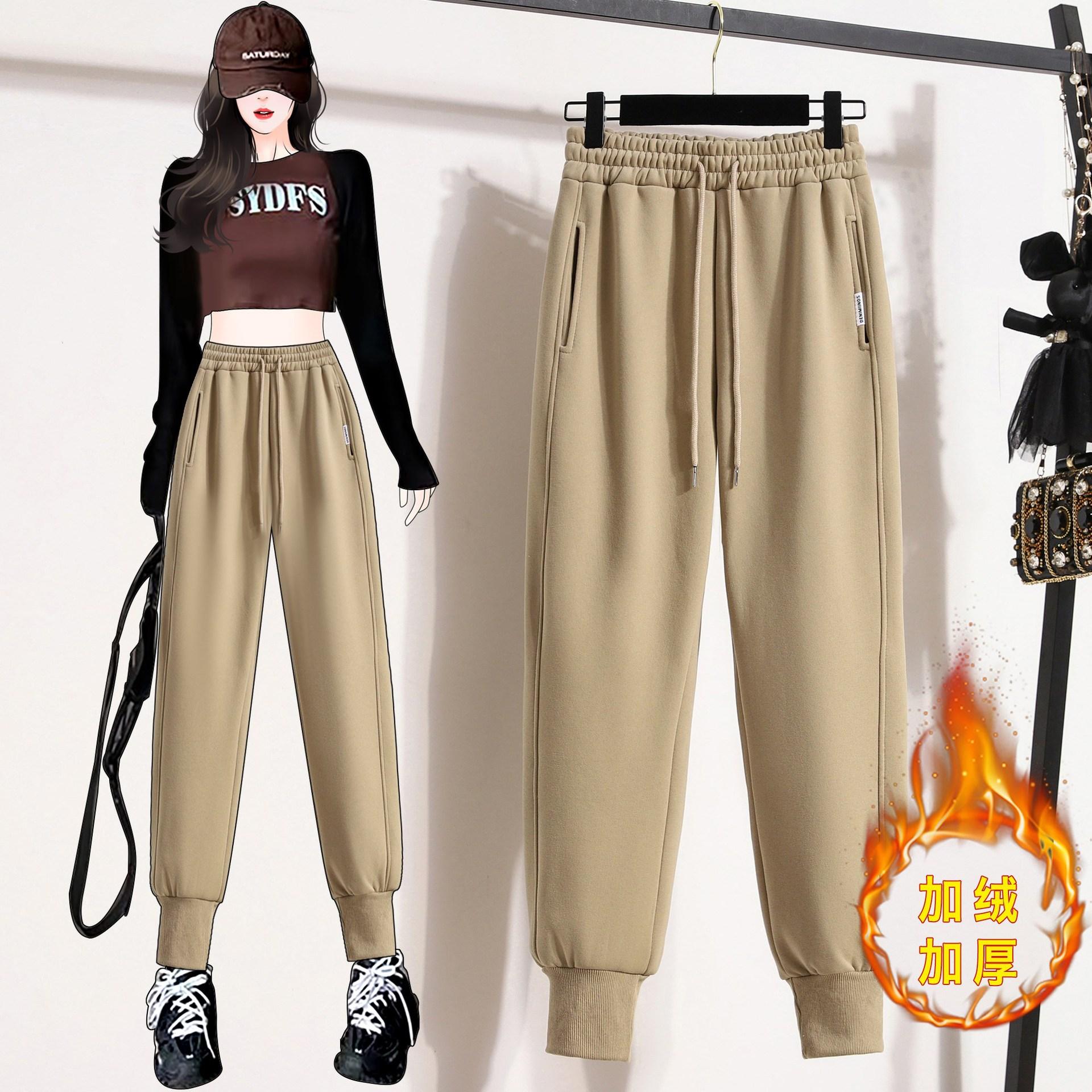 

Lamb wool warm casual sports pants women s winter new cotton pants piled thickened high-waisted tied Harlan pants 2XL