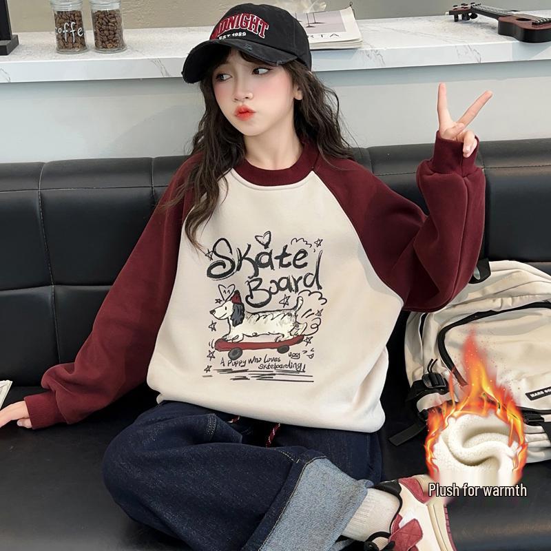 

Girls Fleece-Lined Sweatshirt - Stylish Thick Long Sleeve Top for Big Kids (Autumn/Winter) 160 cm