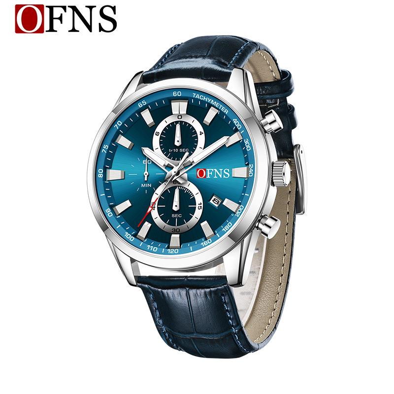 OFNS 3D Sun Dial Quartz Watch: Luminous, Waterproof, Multifunctional Men's Timepiece with Three-Eye, Six-Needle Design and Calendar.