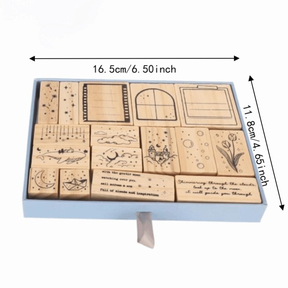 16pcs Delicate Carving Wooden Rubber Stamp Set Clear Imprint Rectangle Stamp Set  For DIY Crafts