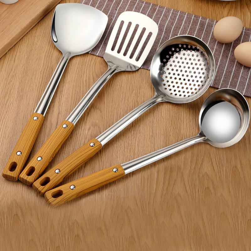 Kitchen Tool Wood Grain Handle Stainless Steel Pot Spatula Soup Heat Insulation Frying Spatula Colander Insulated Kitchenware