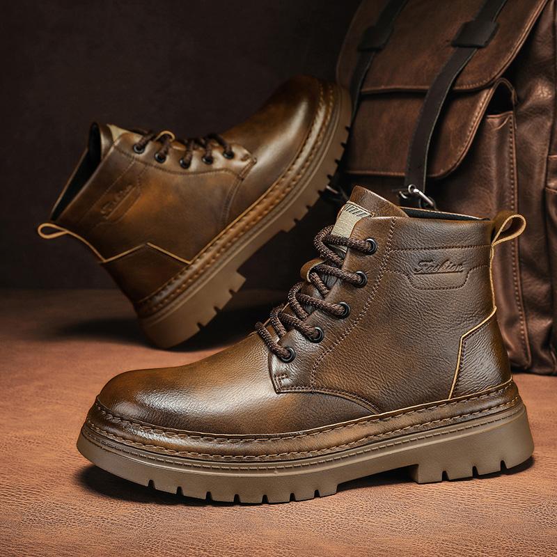 New Arrival Genuine Leather Mens High Top Shoes Fashion Outdoor Motorcycle Boots Lace Up Non-Slip Male Ankle Boots Walking Shoes